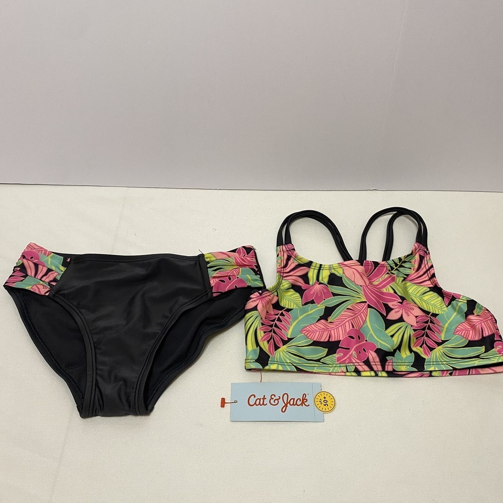 Cat & Jack Swimsuit 2 Piece Multicolor Top Black Bikini Girls Medium (8) NWT